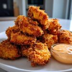 A mound of golden, crispy chicken nuggets served on a white plate next to a small bowl of spicy mayo.