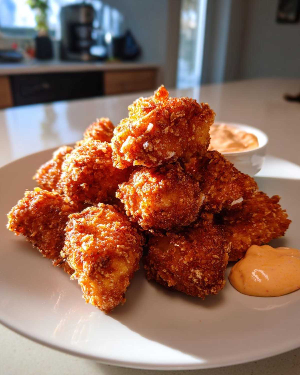 A pile of golden brown, crispy chicken nuggets served on a white plate with a side of spicy mayo for dipping.
