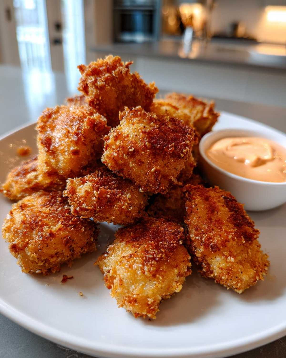 A pile of golden brown Crispy Chicken Nuggets served on a white plate next to a small bowl of spicy mayo.