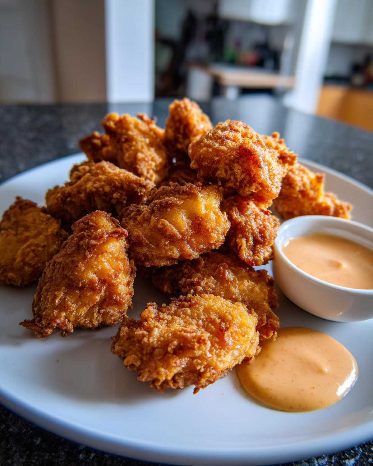 A pile of golden brown, crispy chicken nuggets served on a white plate next to a small bowl and dollop of spicy mayo.