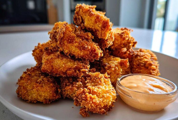 A mound of golden, crispy chicken nuggets served on a white plate next to a small bowl of spicy mayo.