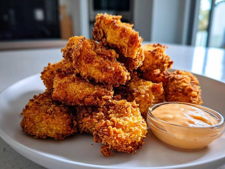 A mound of golden, crispy chicken nuggets served on a white plate next to a small bowl of spicy mayo.