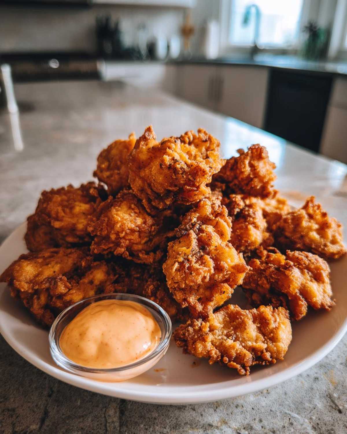 A pile of golden brown, crispy chicken nuggets served on a white plate next to a small bowl of spicy mayo.