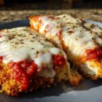 Two pieces of Crispy Chicken Parmesan with Melty Cheese, topped with marinara sauce and herbs, served on a blue plate.