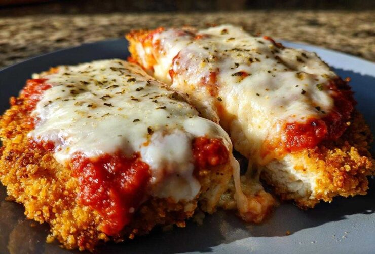 Two pieces of Crispy Chicken Parmesan with Melty Cheese, topped with marinara sauce and herbs, served on a blue plate.