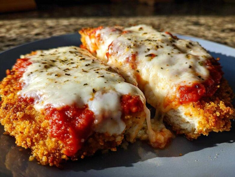 Two pieces of Crispy Chicken Parmesan with Melty Cheese, topped with marinara sauce and herbs, served on a blue plate.