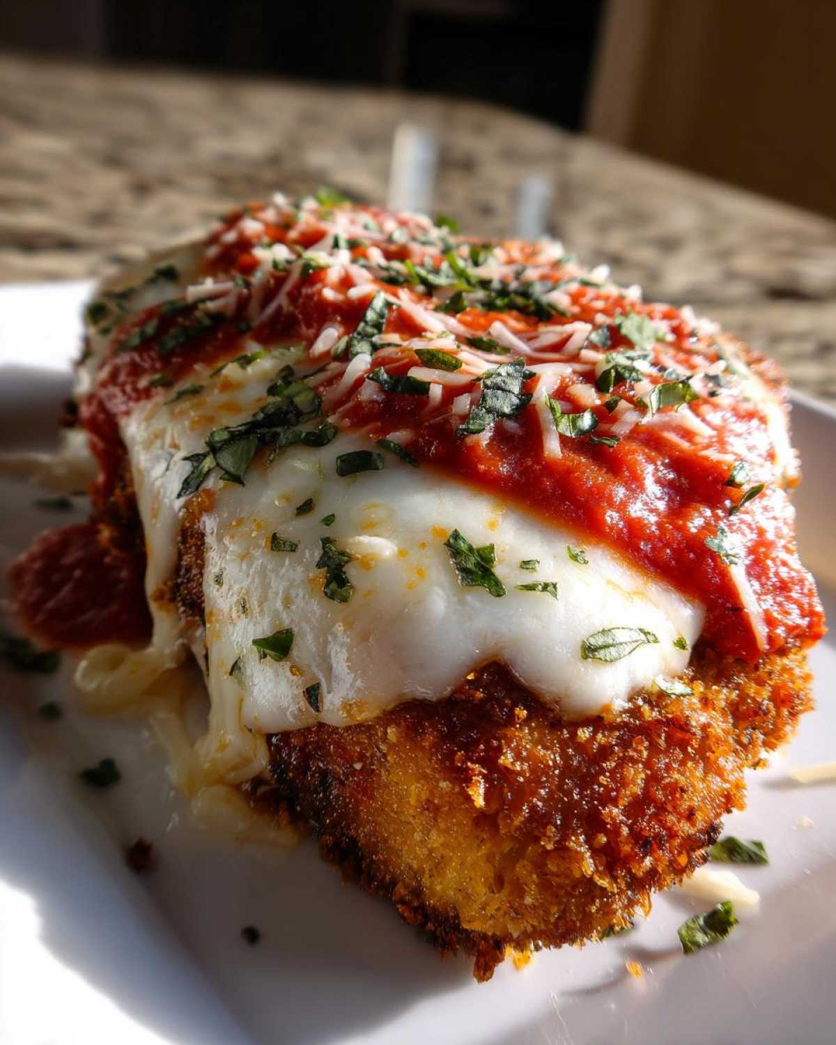 A close-up of Crispy Chicken Parmesan with melty mozzarella, rich tomato sauce, and fresh herbs.