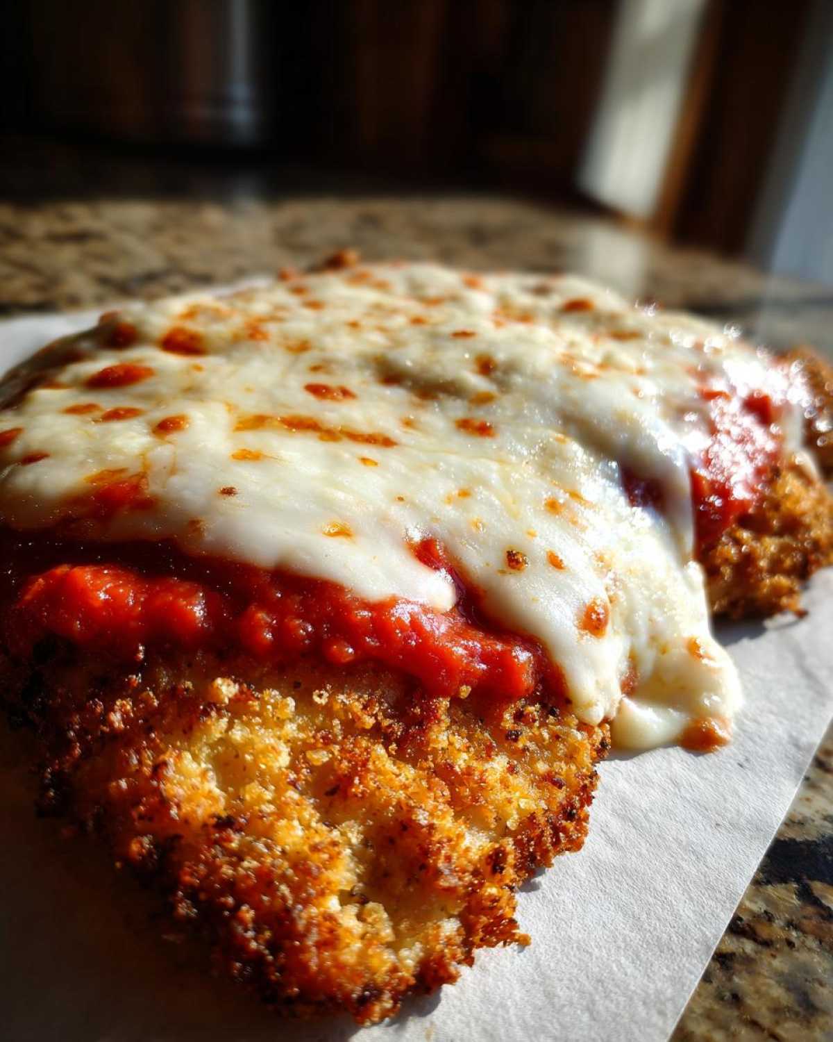 Close-up of a golden, crispy breaded chicken cutlet topped with bright red marinara sauce and gooey, melty cheese for Crispy Chicken Parmesan.