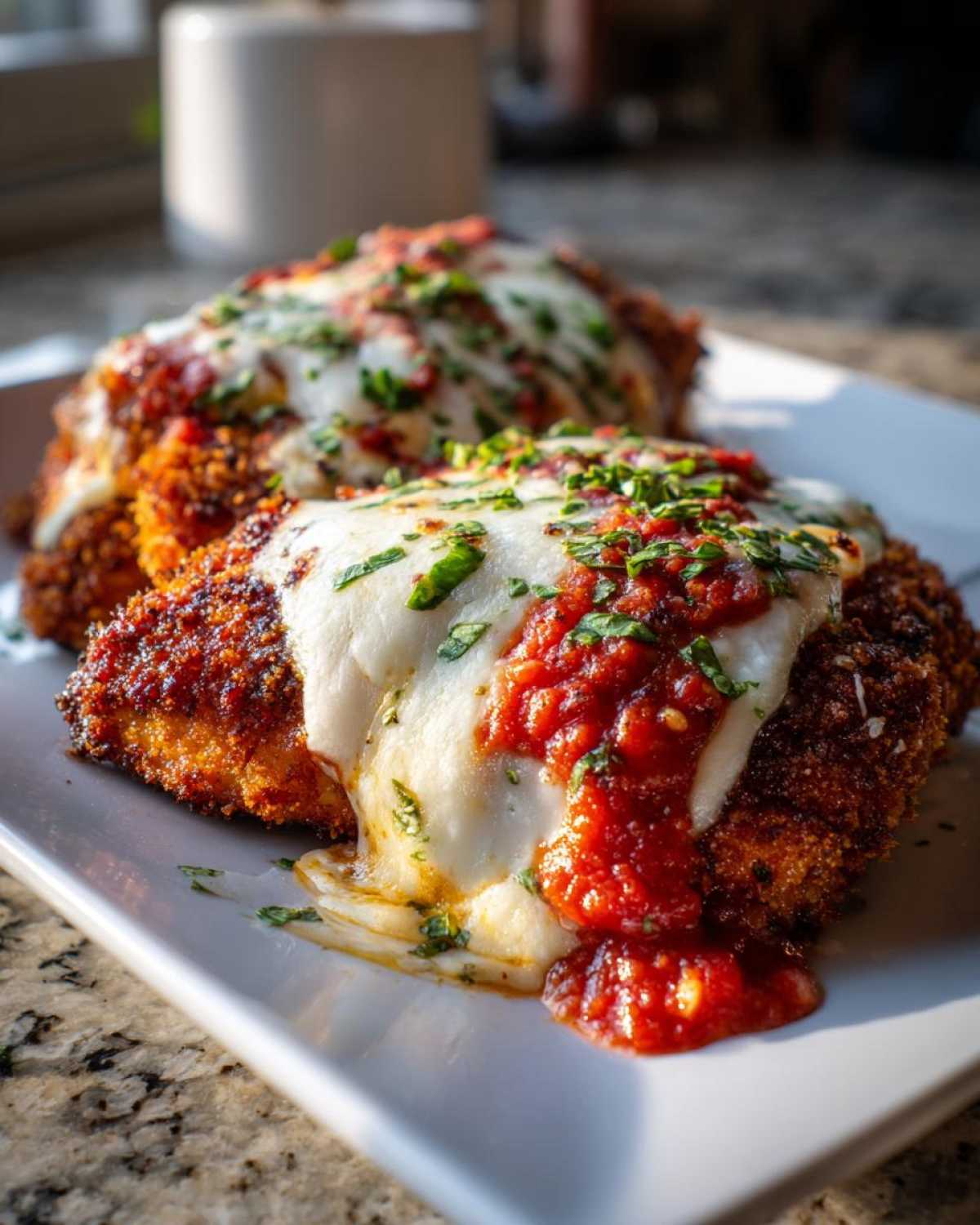 Two pieces of Crispy Chicken Parmesan with Melty Cheese, topped with marinara sauce and fresh herbs.