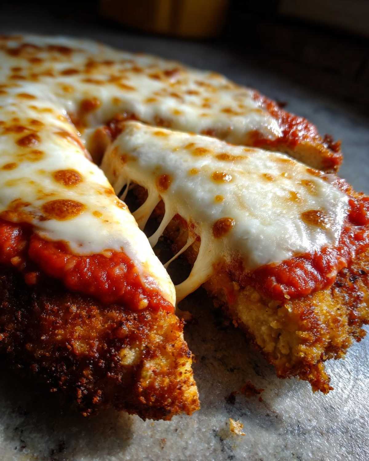 Close-up of Crispy Chicken Parmesan with melty cheese pulling apart, showing a rich tomato sauce layer.