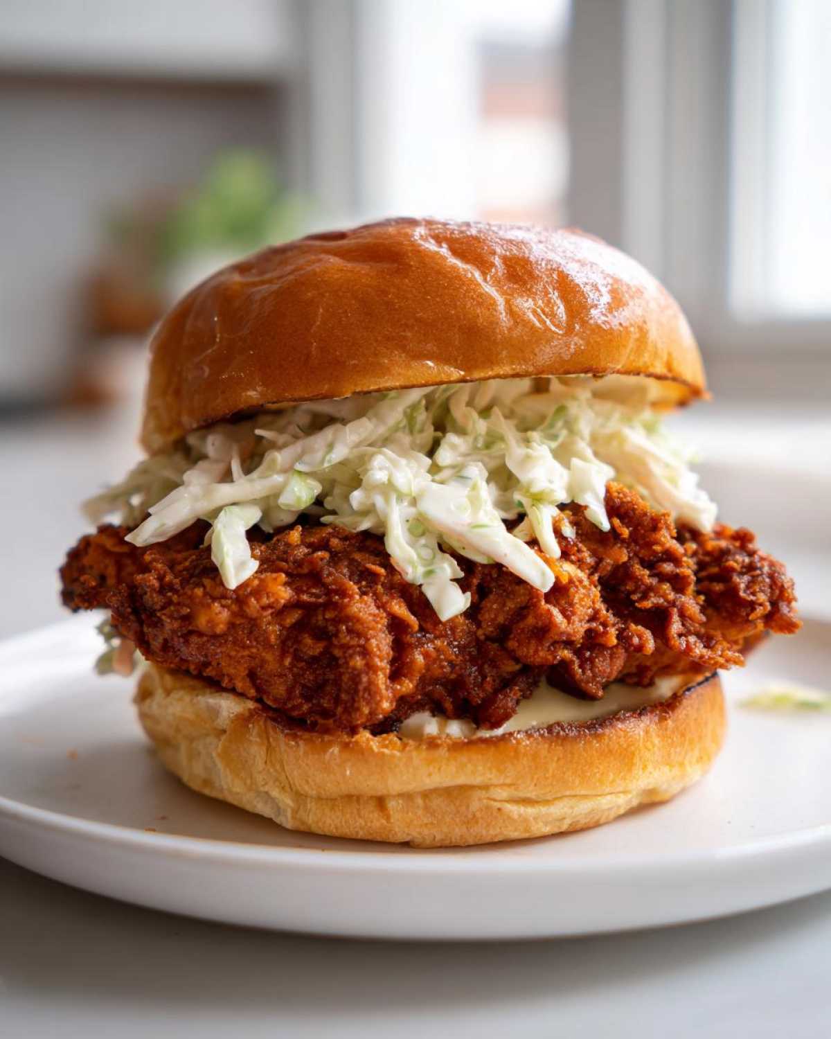 A close-up of a Crispy Chicken Sandwich with Creamy Slaw piled high on a brioche bun.
