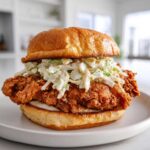 Close-up of a Crispy Chicken Sandwich with Creamy Slaw piled high on a brioche bun.
