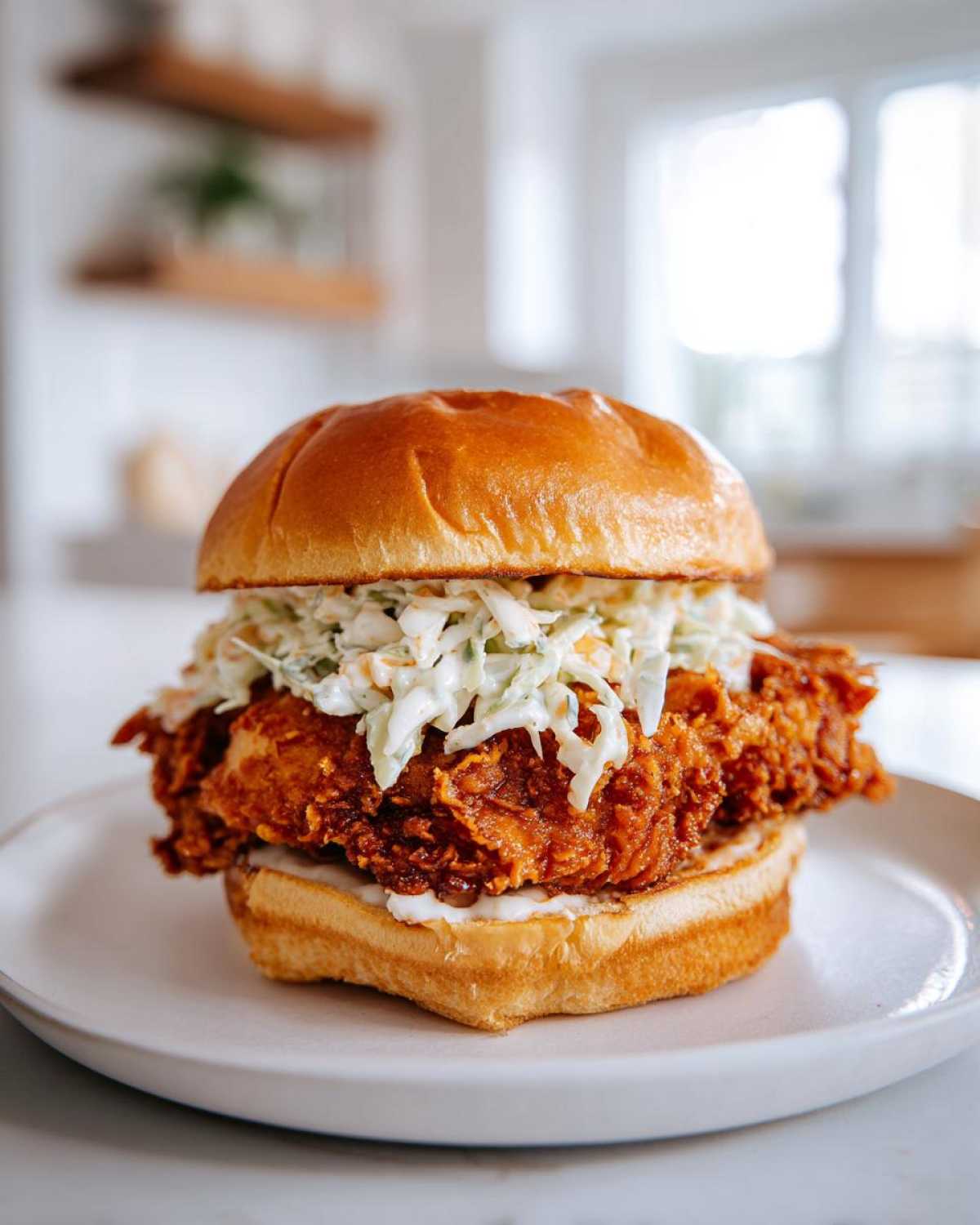 A perfectly assembled Crispy Chicken Sandwich with Creamy Slaw piled high on a brioche bun.
