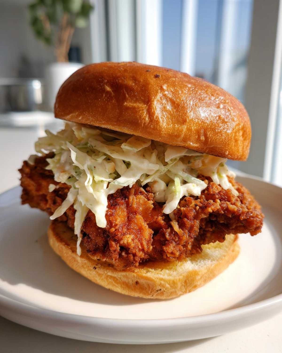 A close-up of a Crispy Chicken Sandwich with Creamy Slaw piled high on a brioche bun, served on a white plate.