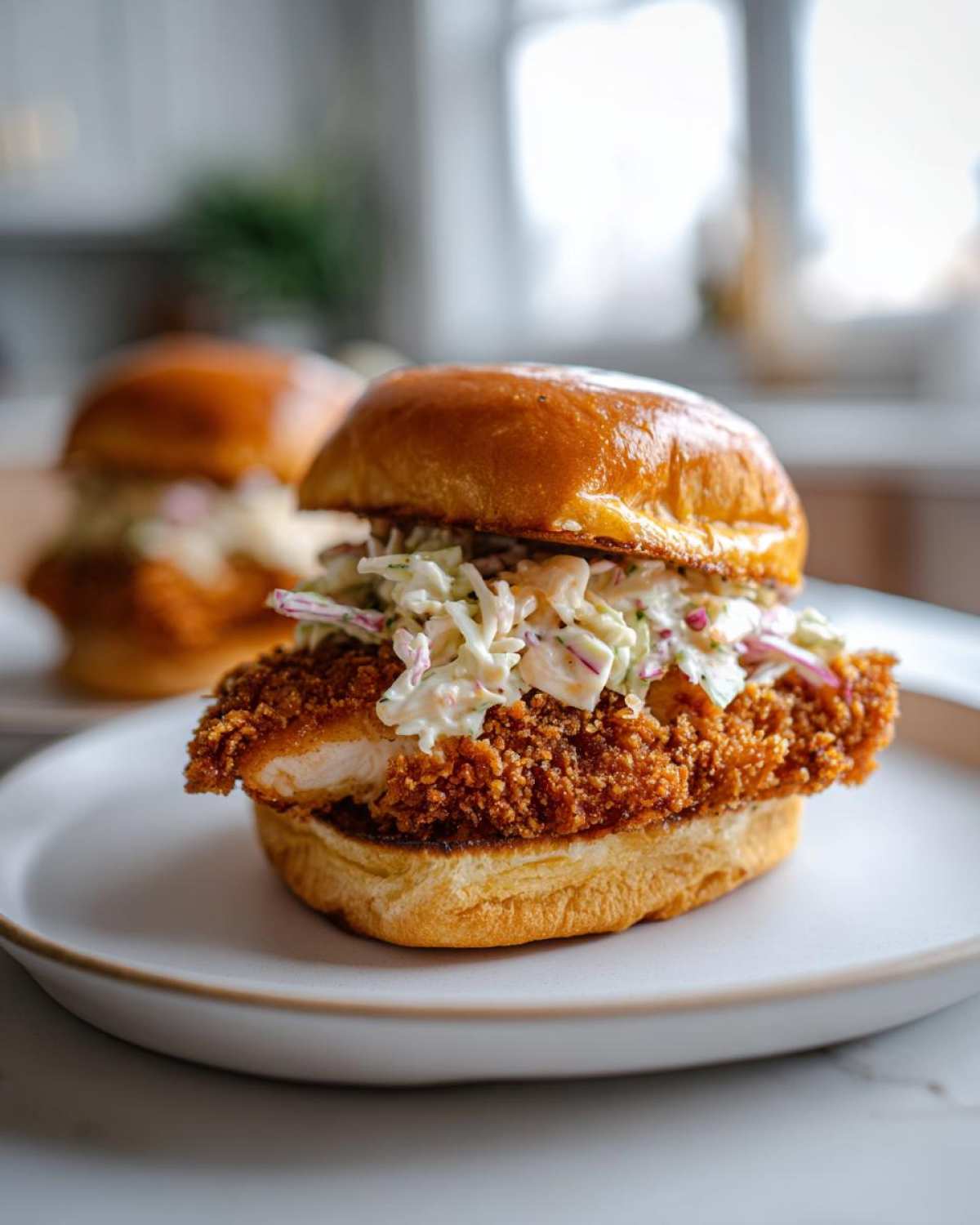 A close-up of a Crispy Chicken Sandwich with Creamy Slaw piled high on a brioche bun, served on a white plate.