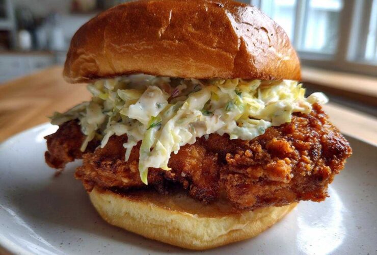 A perfectly assembled Crispy Chicken Sandwich with Creamy Slaw piled high on a brioche bun.