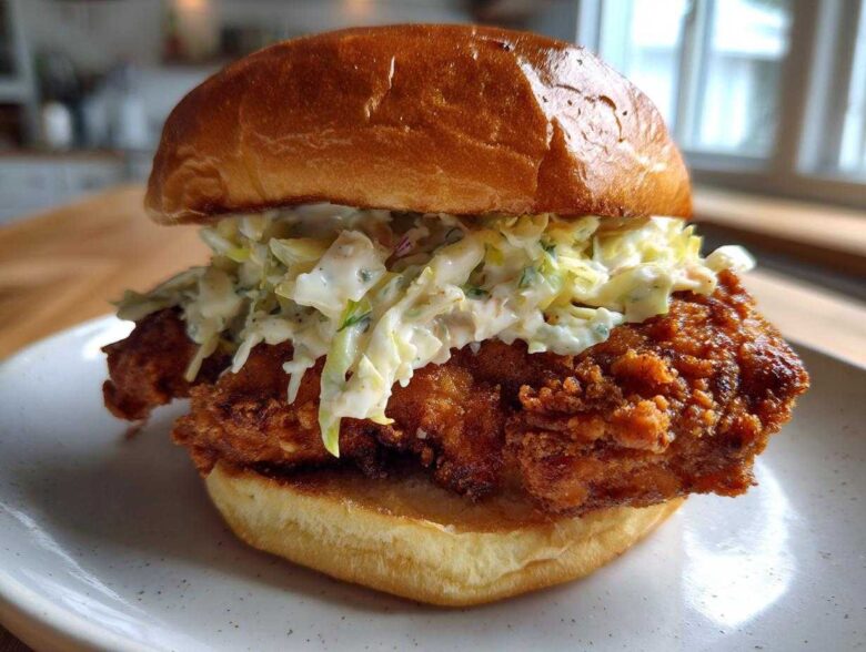 A perfectly assembled Crispy Chicken Sandwich with Creamy Slaw piled high on a brioche bun.