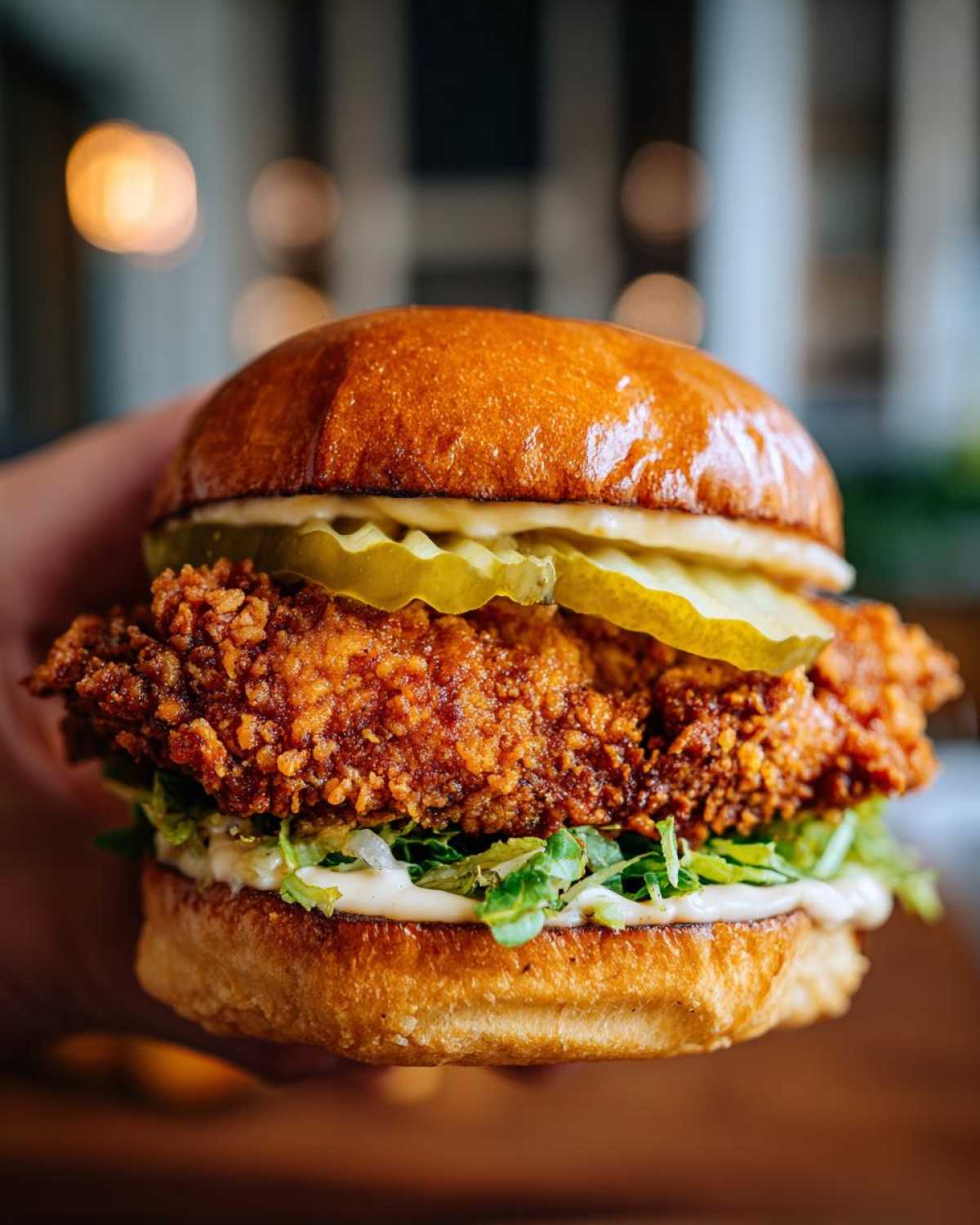 A hand holding a towering Crispy Chicken Sandwich with garlic sauce, pickles, and lettuce on a brioche bun.