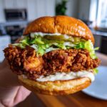 A hand holding an amazing crispy chicken sandwich with garlic sauce, lettuce, and pickles on a brioche bun.