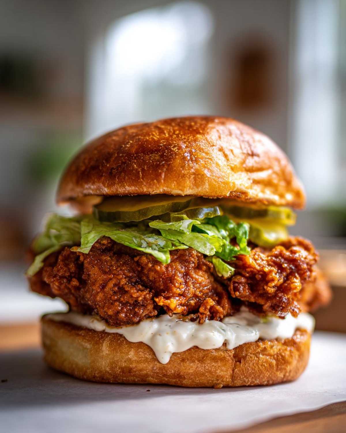 A towering Crispy Chicken Sandwich with Garlic Sauce featuring a thick, dark-fried chicken fillet, lettuce, pickles, and creamy sauce on a brioche bun.