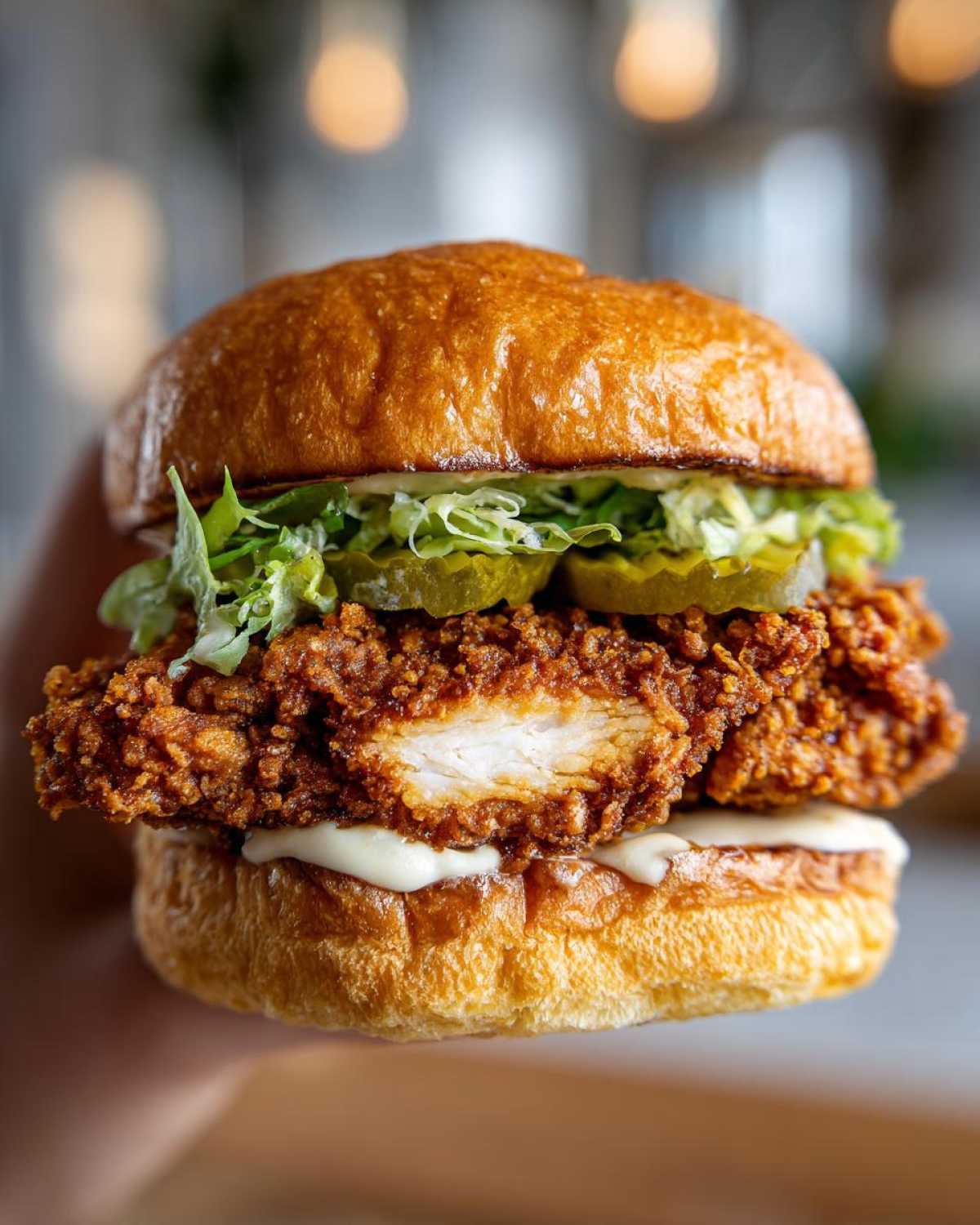 A close-up shot of a Crispy Chicken Sandwich with Garlic Sauce, featuring a thick, crunchy chicken fillet, pickles, lettuce, and a brioche bun.