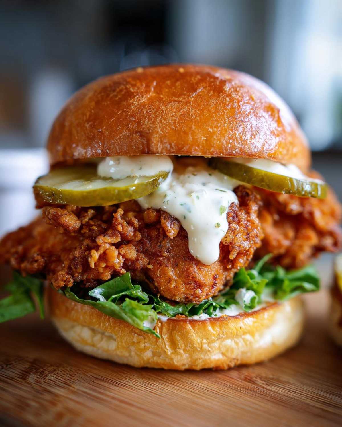 A close-up of a Crispy Chicken Sandwich with Garlic Sauce, featuring a thick fried chicken patty, pickles, and lettuce on a brioche bun.