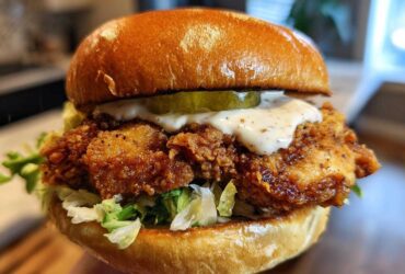 A perfectly assembled Crispy Chicken Sandwich with Garlic Sauce, featuring a thick fried patty, pickles, and lettuce on a brioche bun.