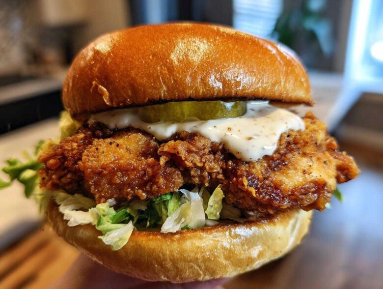 A perfectly assembled Crispy Chicken Sandwich with Garlic Sauce, featuring a thick fried patty, pickles, and lettuce on a brioche bun.