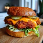 A delicious Crispy Chicken Sandwich with Spicy Mayo, pickles, lettuce, and a brioche bun on a wooden board.