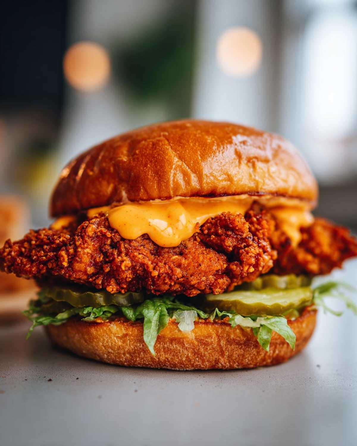A close-up of a perfectly assembled Crispy Chicken Sandwich with Spicy Mayo, featuring a thick fried patty, pickles, lettuce, and a brioche bun.