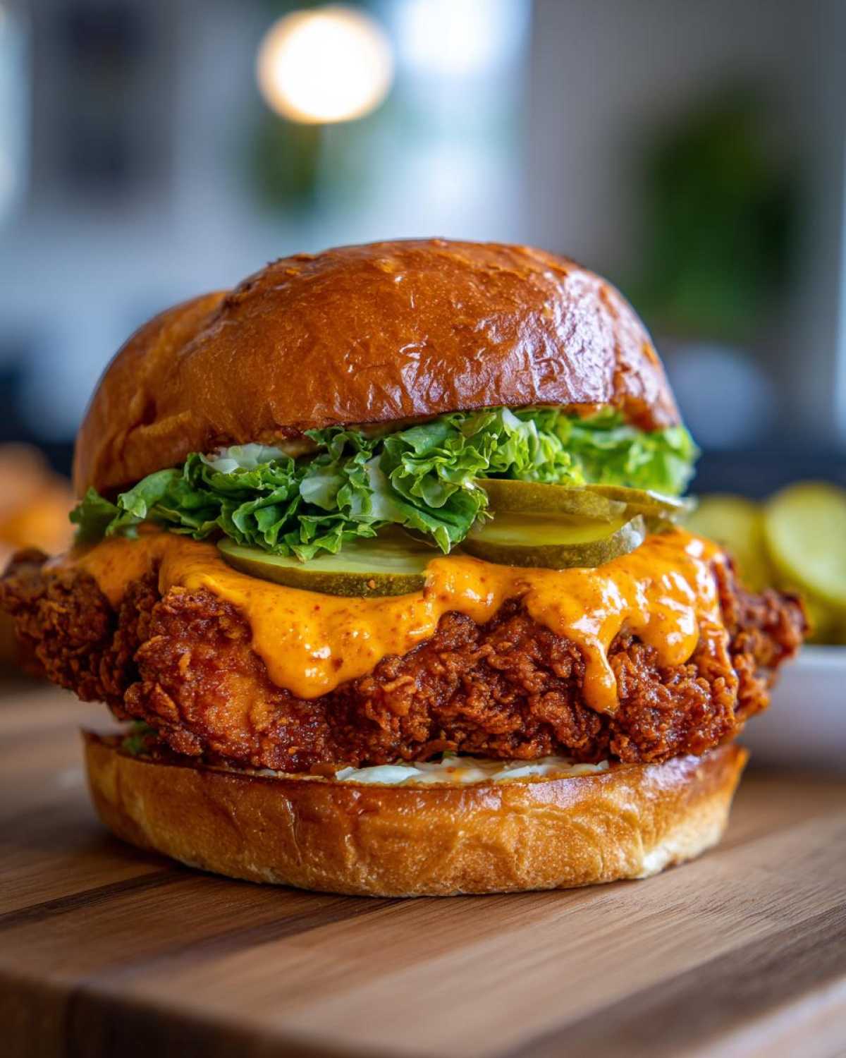 A close-up of an amazing Crispy Chicken Sandwich with Spicy Mayo, featuring a thick fried fillet, dripping sauce, pickles, and lettuce on a brioche bun.