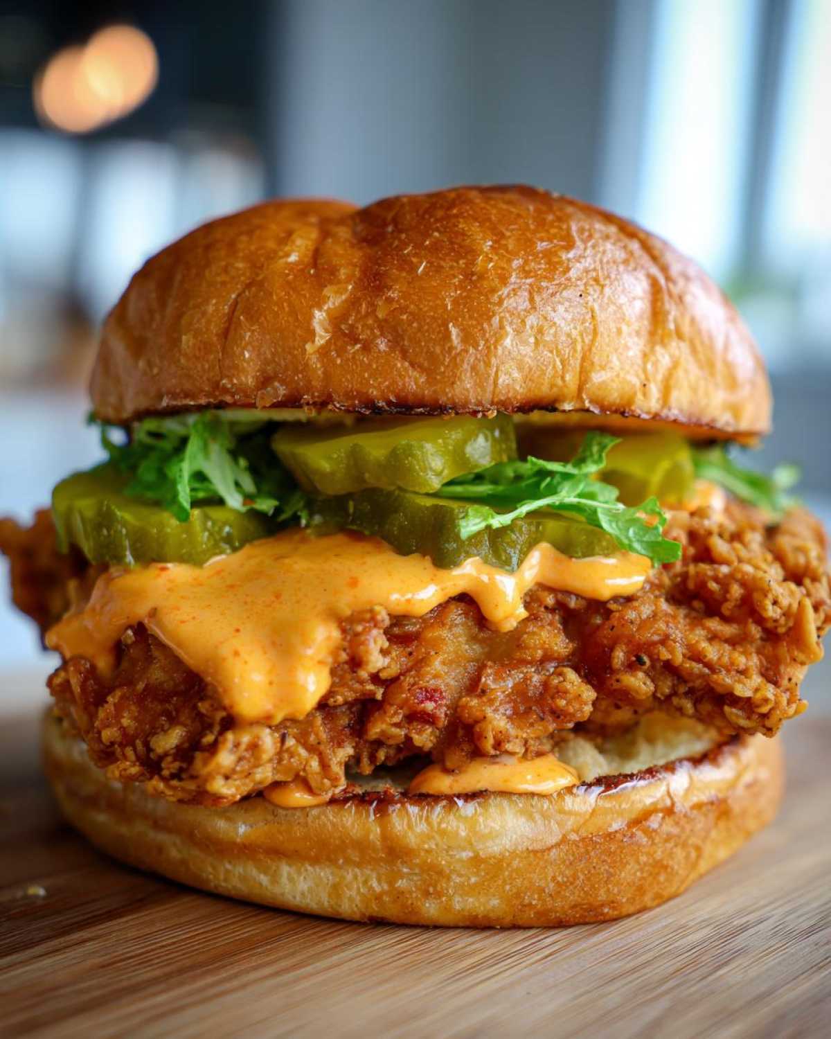 A mouthwatering Crispy Chicken Sandwich with Spicy Mayo, pickles, and lettuce on a brioche bun, sitting on a wooden board.