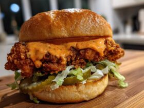 A close-up of a delicious Crispy Chicken Sandwich with Spicy Mayo dripping over the fried chicken fillet, lettuce, and pickles.