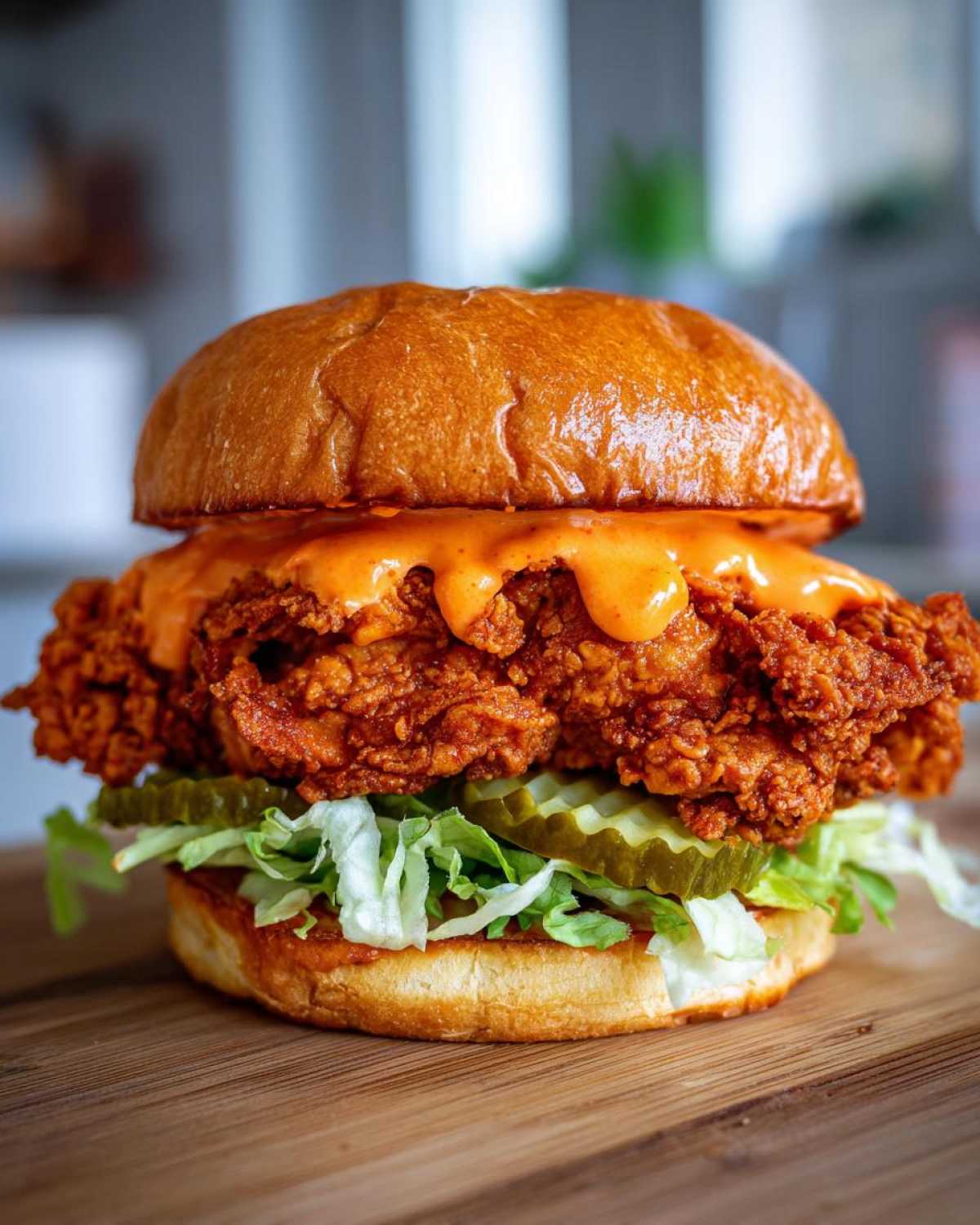 A mouthwatering Crispy Chicken Sandwich with Spicy Mayo, featuring a thick fried chicken fillet, pickles, lettuce, and a brioche bun.