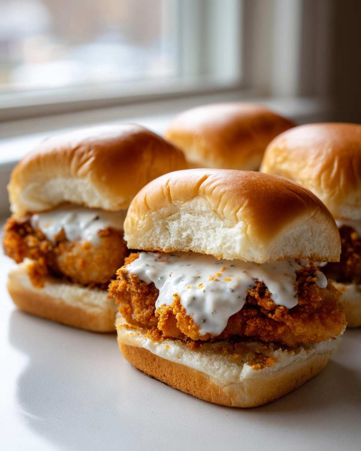 Close-up of Crispy Chicken Sliders with Garlic Sauce piled high on soft buns.