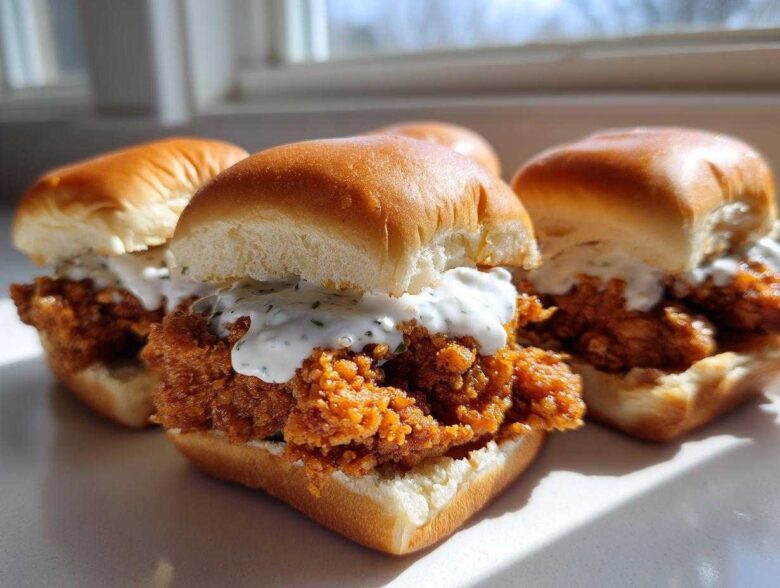 Three delicious Crispy Chicken Sliders with Garlic Sauce stacked on soft buns, featuring crunchy fried chicken.