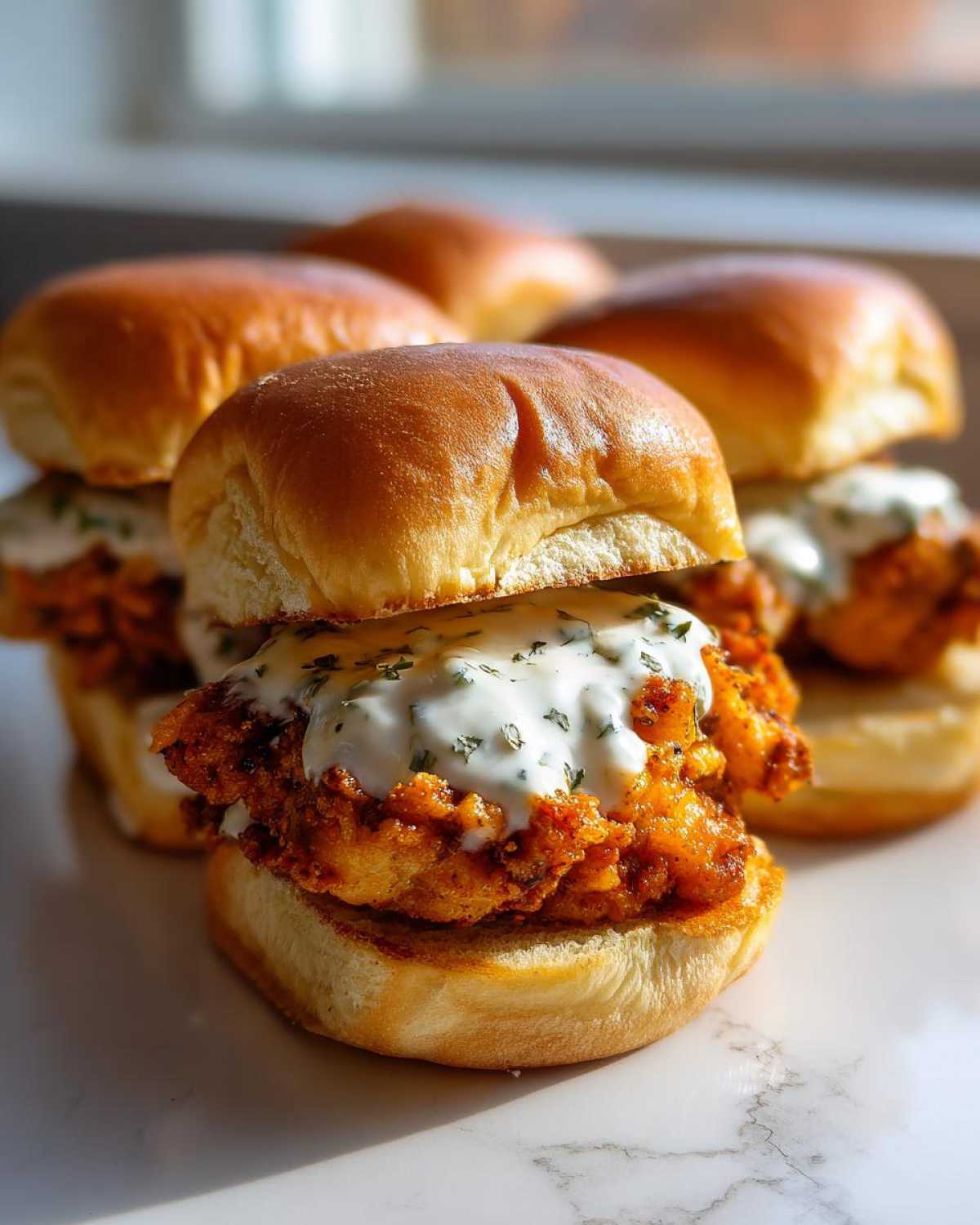 A close-up of several Crispy Chicken Sliders with Garlic Sauce piled on a white marble surface.