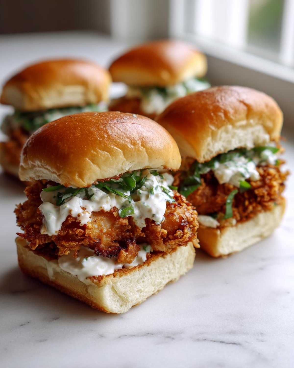 Four delicious Crispy Chicken Sliders with Garlic Sauce piled high on brioche buns, served on a white marble surface.