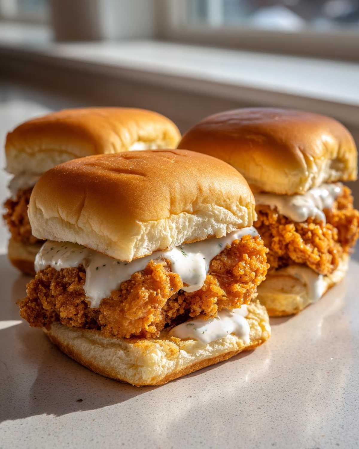 Three delicious Crispy Chicken Sliders with Garlic Sauce featuring golden fried chicken and creamy sauce on soft buns.
