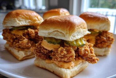 Four delicious Crispy Chicken Sliders with Spicy Mayo, pickles, and soft buns, arranged on a white plate.