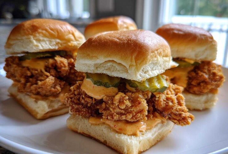Four delicious Crispy Chicken Sliders with Spicy Mayo, pickles, and soft buns, arranged on a white plate.