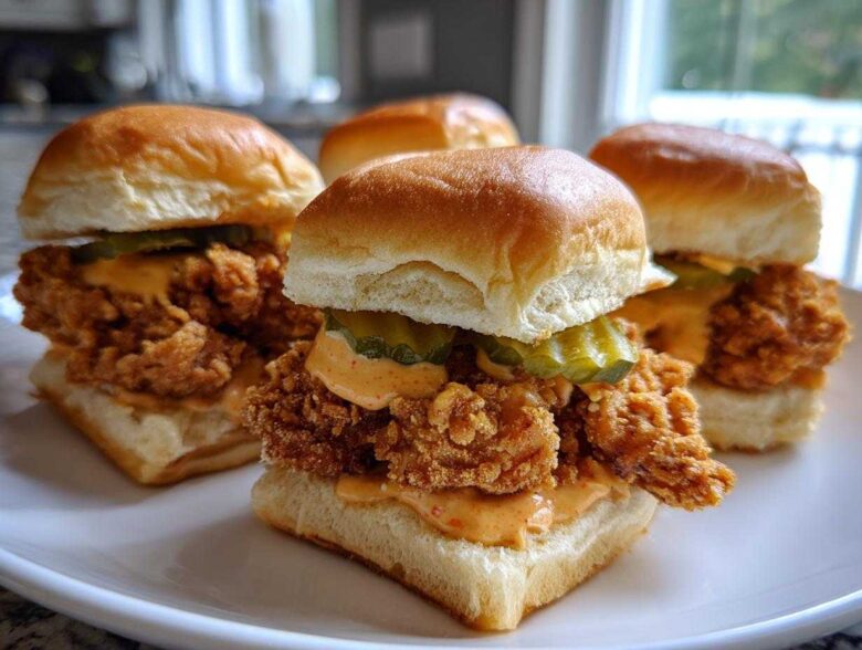 Four delicious Crispy Chicken Sliders with Spicy Mayo, pickles, and soft buns, arranged on a white plate.