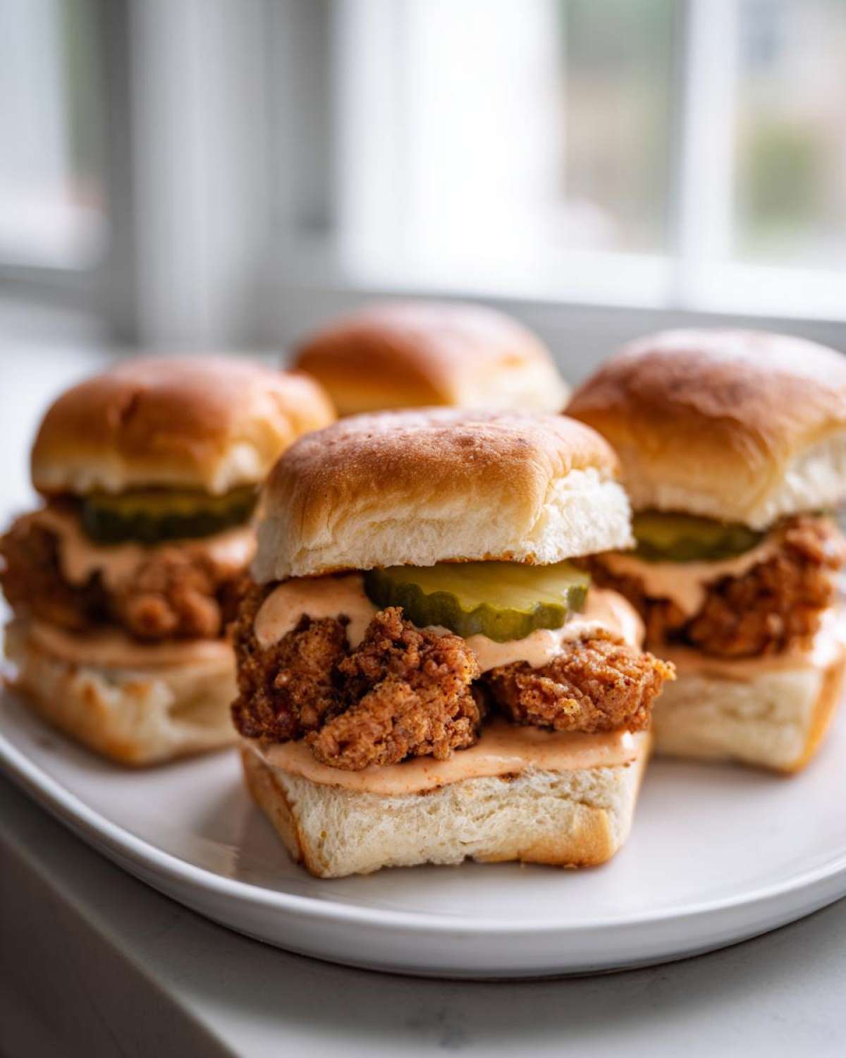 Four Crispy Chicken Sliders with Spicy Mayo and pickles served on a white plate.