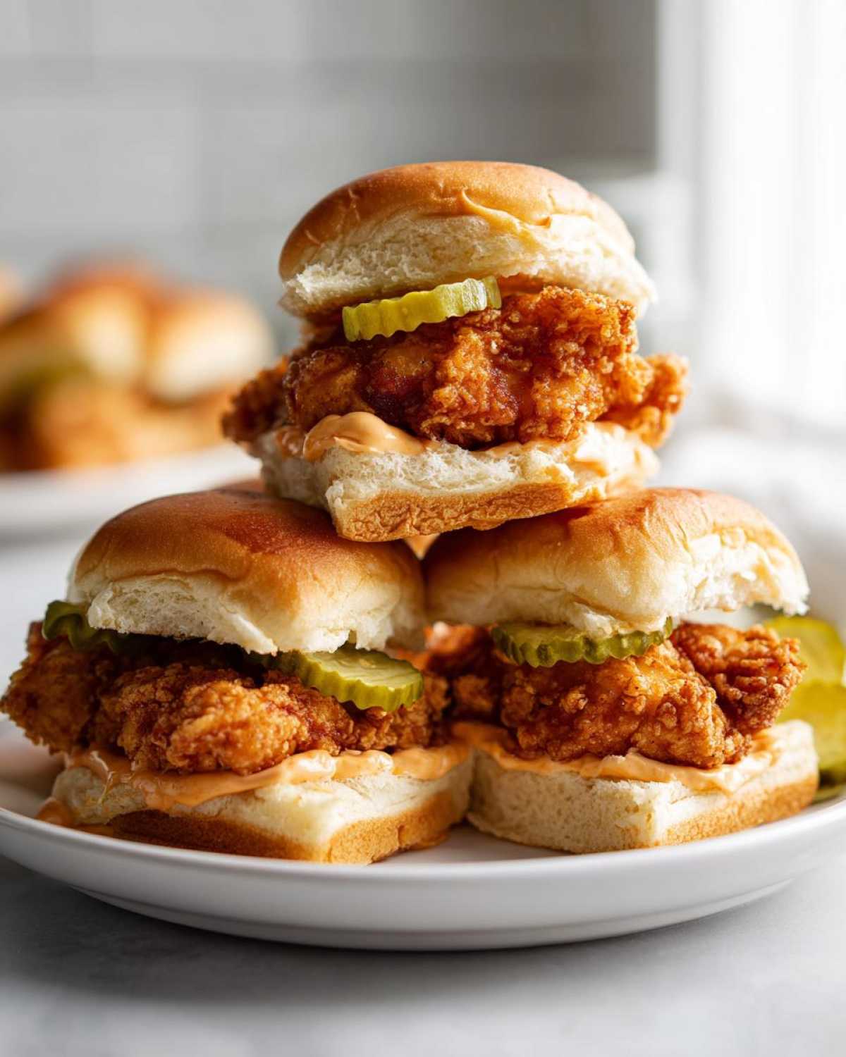 A stack of three Crispy Chicken Sliders with Spicy Mayo and pickles on a white plate.