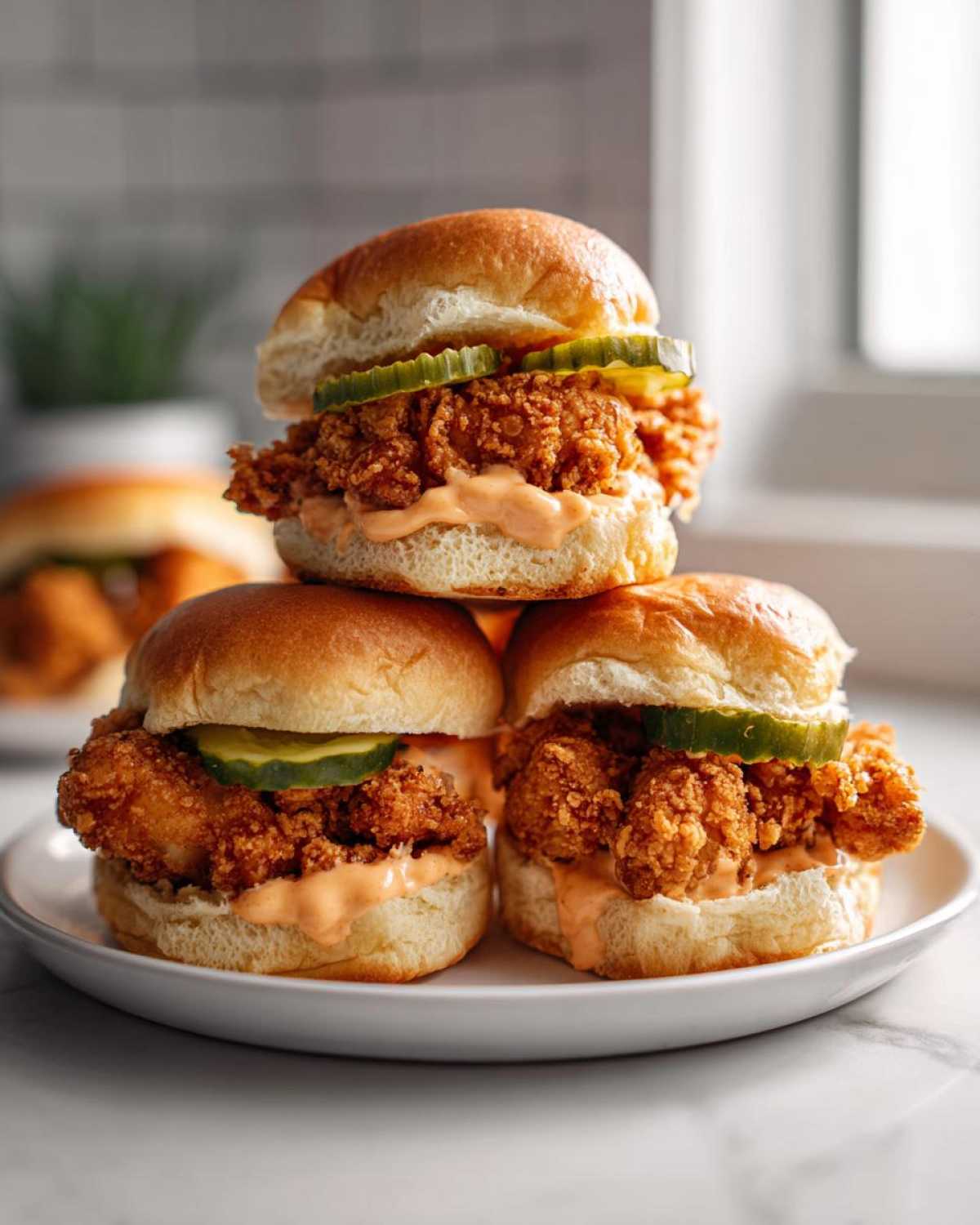 A stack of three Crispy Chicken Sliders with Spicy Mayo, topped with pickles on soft buns.