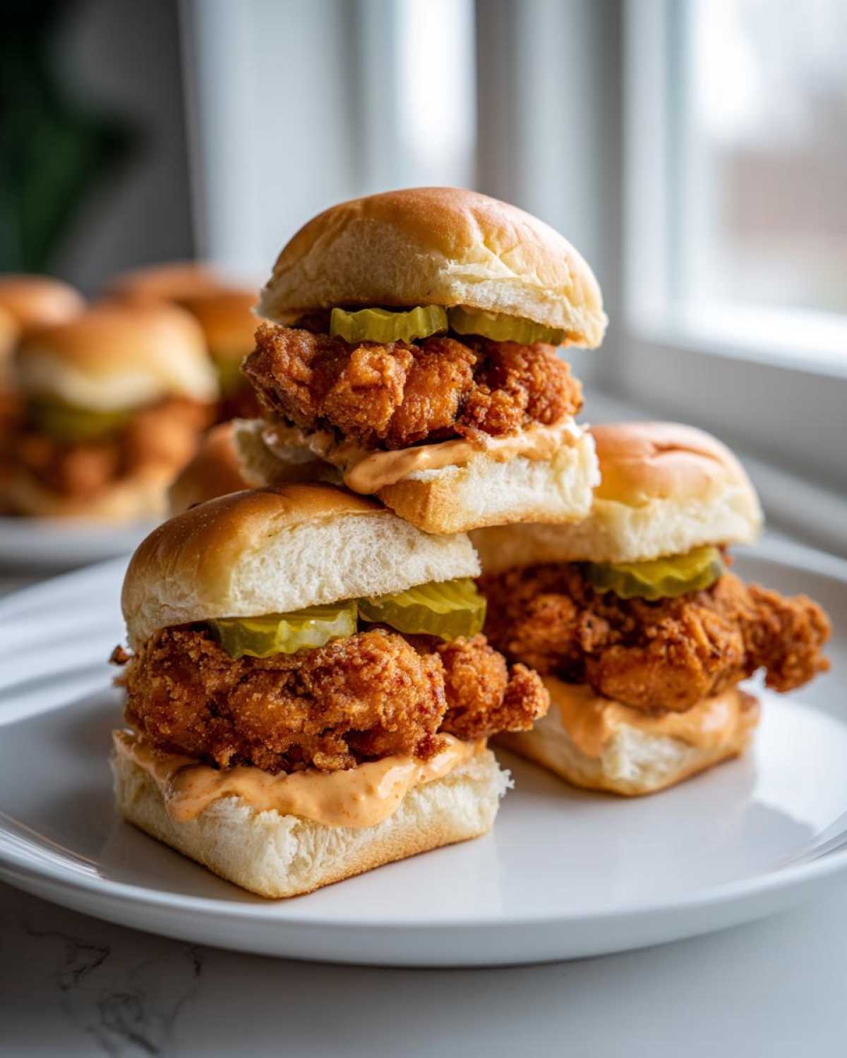 A stack of three Crispy Chicken Sliders with Spicy Mayo and pickles served on a white plate.