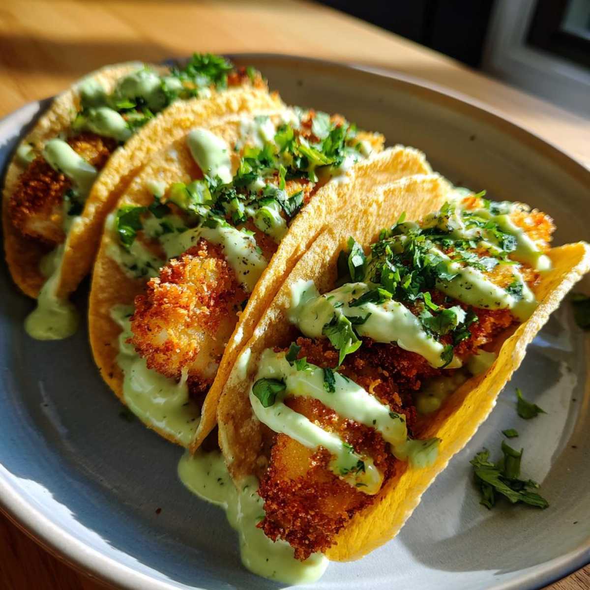 Three Crispy Chicken Tacos topped with bright green avocado cream drizzle and fresh cilantro.