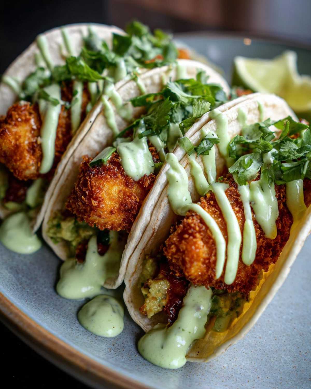 Two Crispy Chicken Tacos topped with bright green avocado cream drizzle and fresh cilantro.