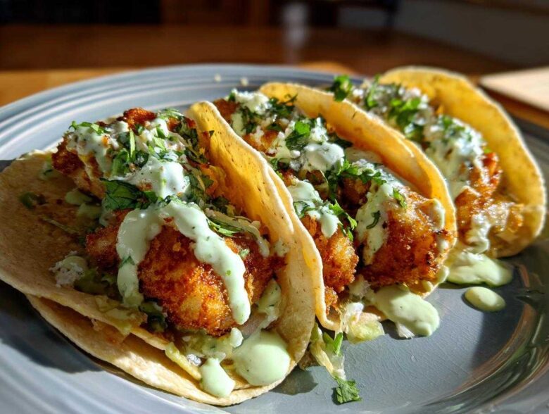 Three Crispy Chicken Tacos topped with creamy avocado sauce and fresh cilantro on a gray plate.