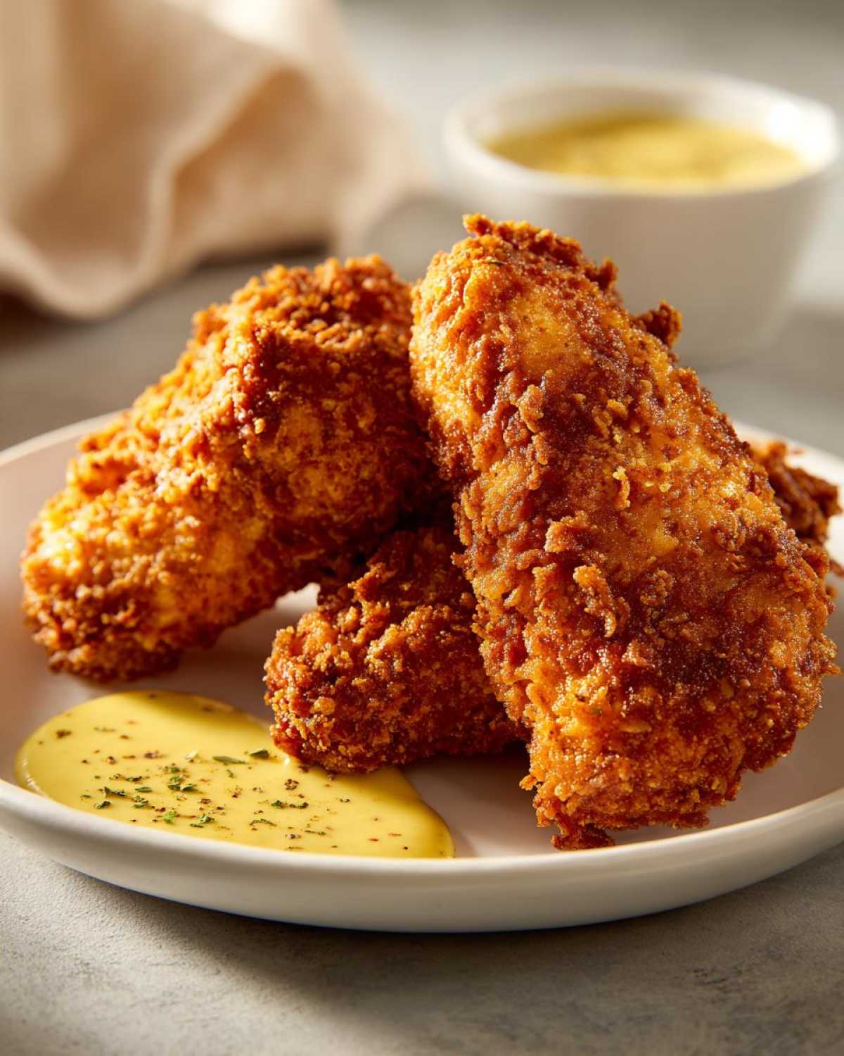 Three golden brown Crispy Chicken Tenders served on a white plate with a dollop of honey mustard sauce.
